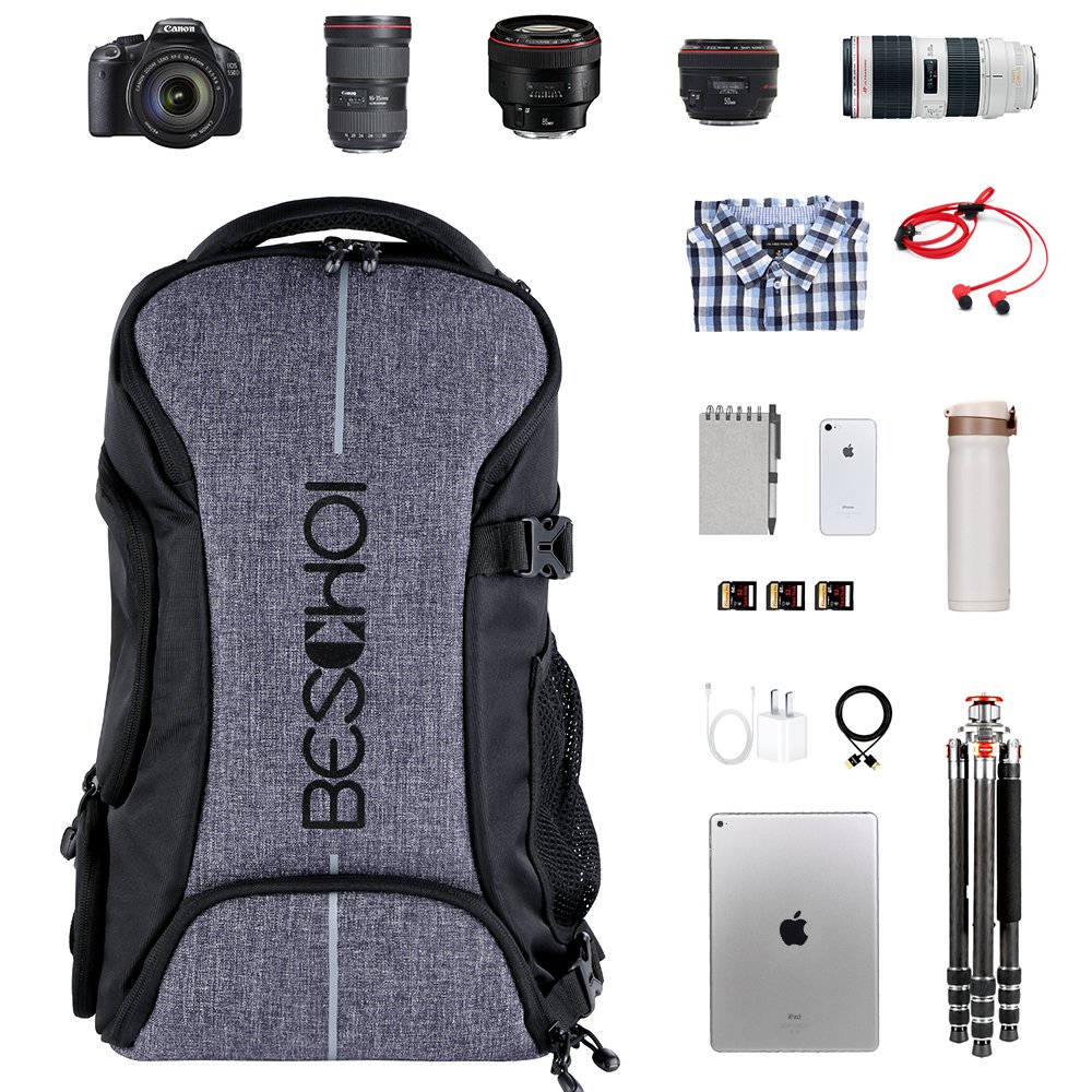Beschoi DSLR Camera Backpack Waterproof Camera Bag for Sony Canon Nikon Olympus SLR/DSLR Camera, Lens and Accessories, Black (Large