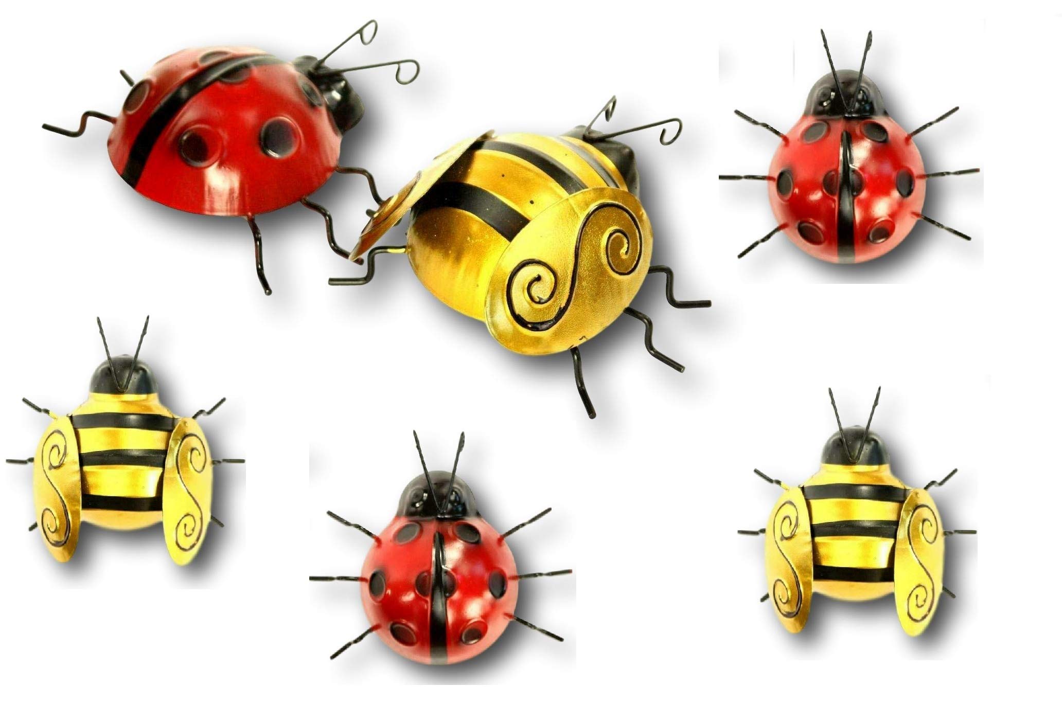 DFL dealsforless Set of 3 x Metal Ladybird & 3 x Metal Bee Outdoor Garden Wall Art Ornaments Hand Painted (6PCS)