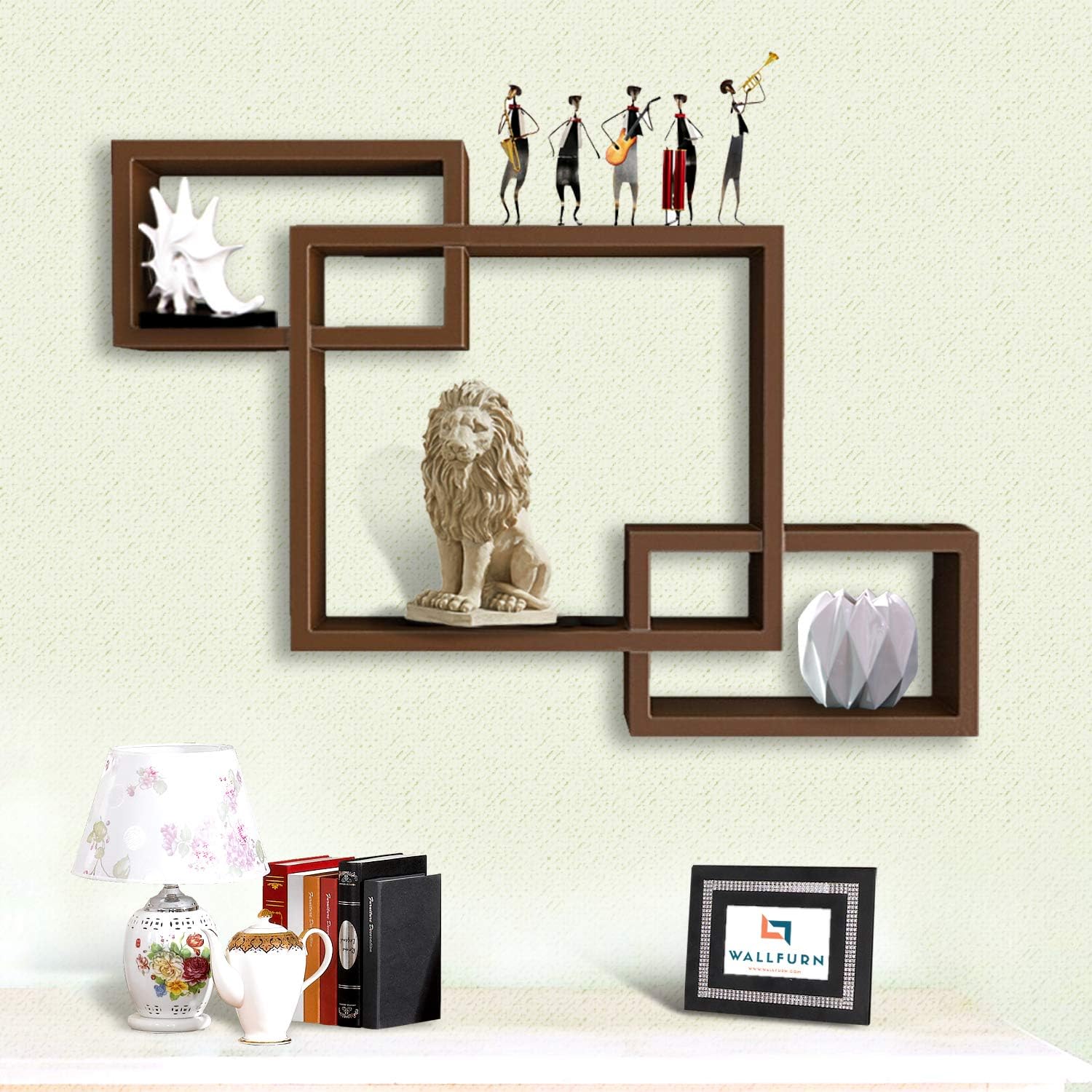 Wallfurn Pacific Set of 3 Intersecting Wall Shelf, Floating Storage Display Wall Shelves for Living Room, Bedroom, Home Decor (Brown)