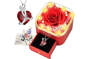 ENERLEAF Preserved Red Real Rose with Necklace Jewelry Box -Eternal Flowers Rose Gifts for Grandma Wife Girlfriend on Valentines Mothers Day Christmas Birthday Anniversary Romantic Gifts for Her