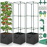 3 Pack Tomato Cage for Garden, Upgraded Fiberglass Garden Trellis with 3 PCS Grow Bags, Square Tomato Planter Support Garden 