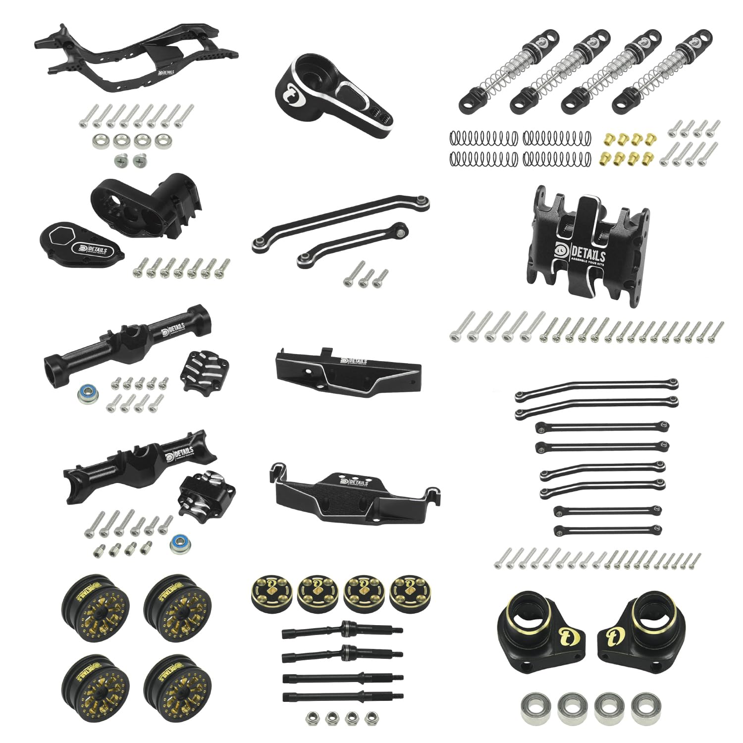 Photo 1 of Hobby Details Aluminum Rear Axle Gear Box Skid Link Wheel Upgrade Set for 1/30 Axial SCX30 Jeep Wrangler RC Cars, Black and Gold (14 in One Set)