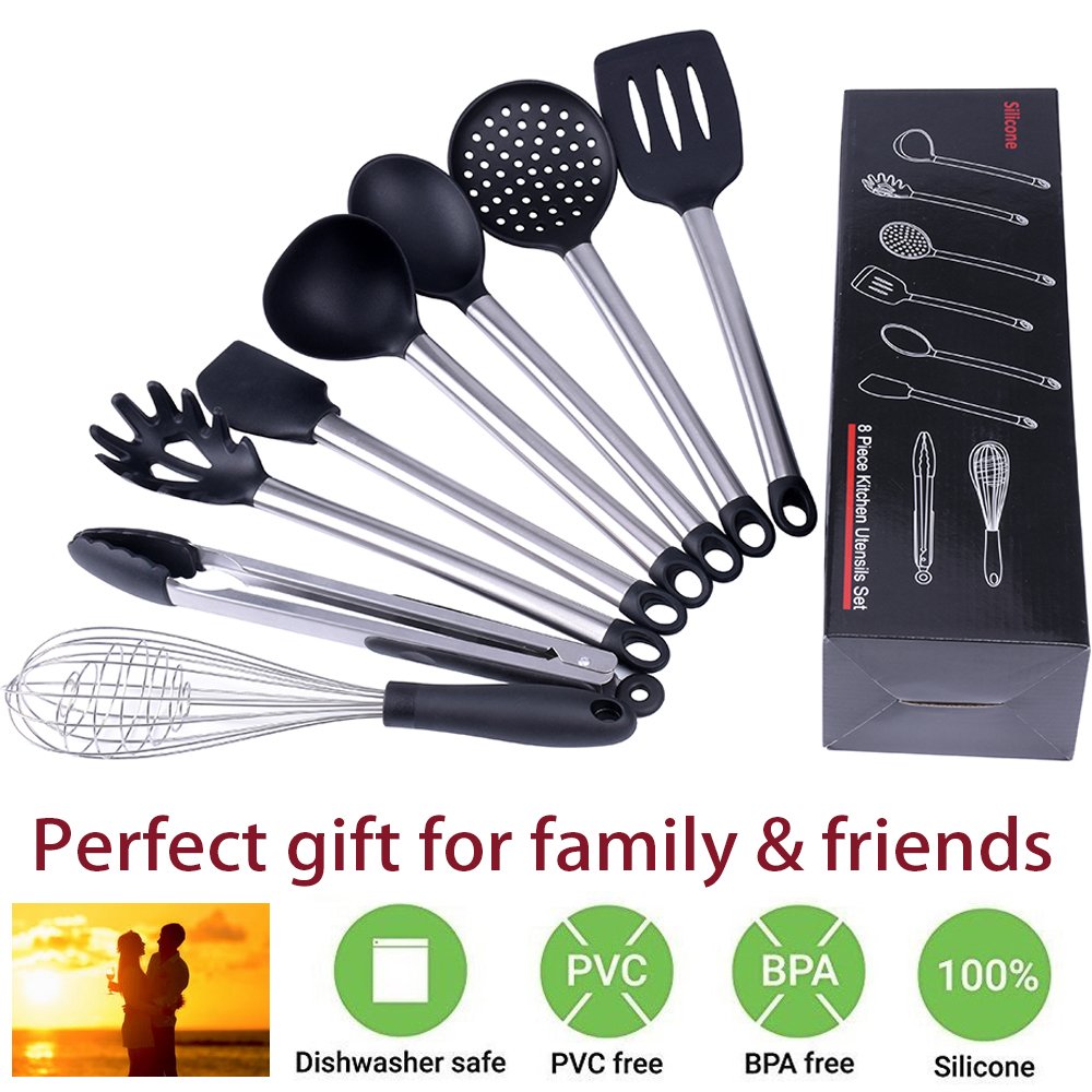 Cooking Utensils, Wifond Kitchen Utensils Set, 8-piece Silicone Stainless Steel Cooking Tools, Gadgets Set - Tongs, Spatula, Slotted Turner, Soup Ladle, Skimmer, Spoon, Pasta Server, Whisk