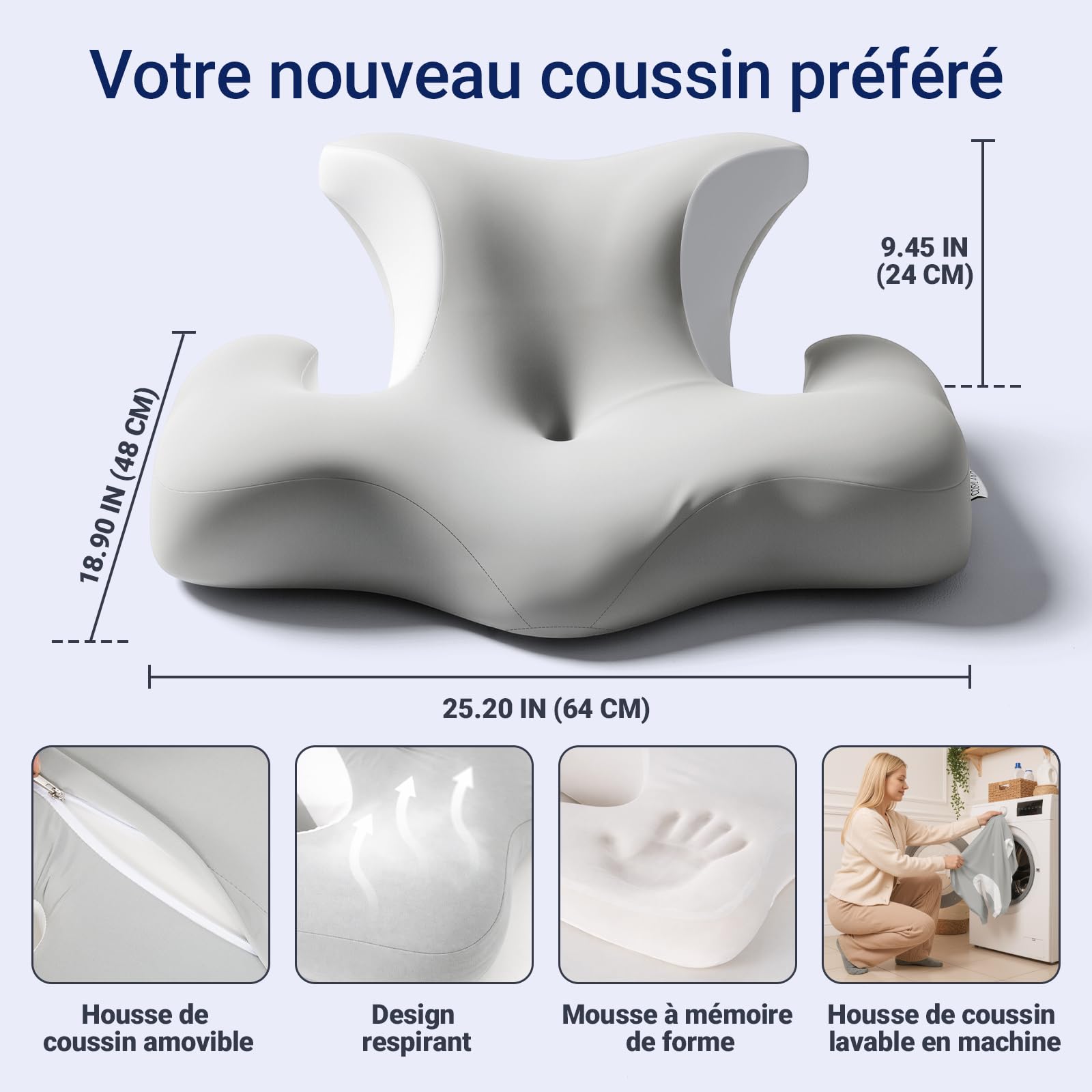 Oreiller Ergonomique Cervical Mémoire de Forme – Coussin Cervicales Douloureuses, Modèle Papillon avec Cavités d’Oreilles, Soutien pour la Nuque, Housse Lavable, Gris