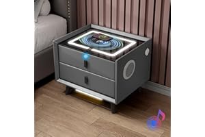 Modern Bedside Table with Wireless Charging Station, Drawer, Fingerprint Lock, Speaker, and LED Lights - Nightstand Side Tabl