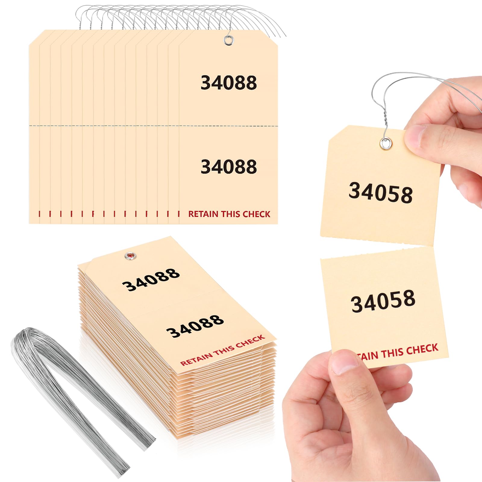 Photo 1 of 100 Pack Duplicate Auto Park Tags 2 3/8 x 4 3/4 inch with Wire Coat Check Tags for Car Permits Repair Coat Check Tickets Duplicate Consecutively Numbered 230g/? Paper Luggage (100)