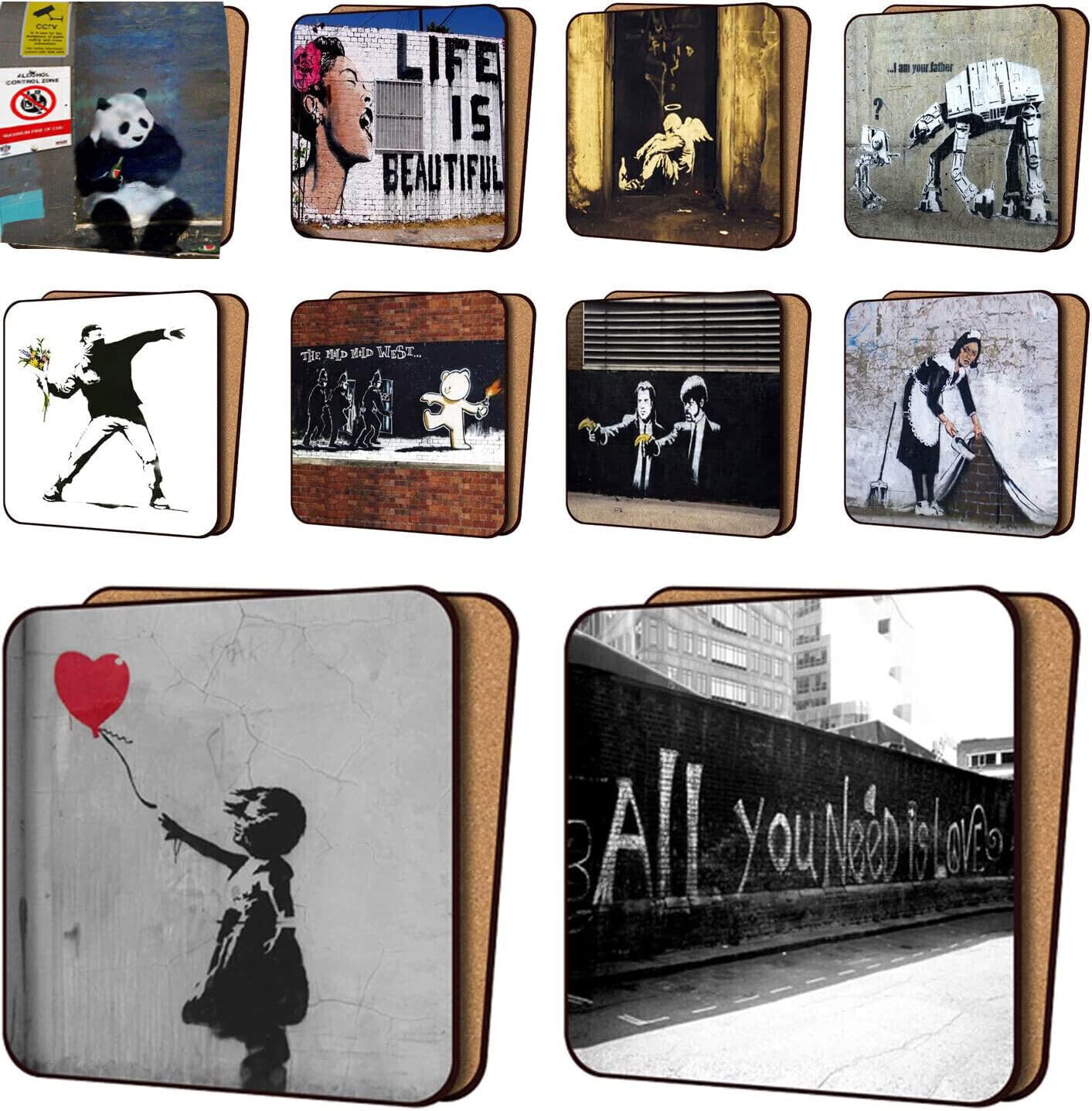Banksy Coasters Mix1-10 New, Balloon Girl Hope, GCHQ, Mobile Lovers & More - Dinnerware Coaster Sets 11cm x 11cm