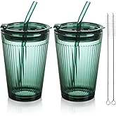Joeyan Glass Tumbler with Straw and Lid,Green Glasses Water Cup with Straw,Colored Glass Drinking Jars for Juice Beverages Iced Coffee Tea Smoothie Soda Milk,15 oz,Set of 2,Dishwasher Safe