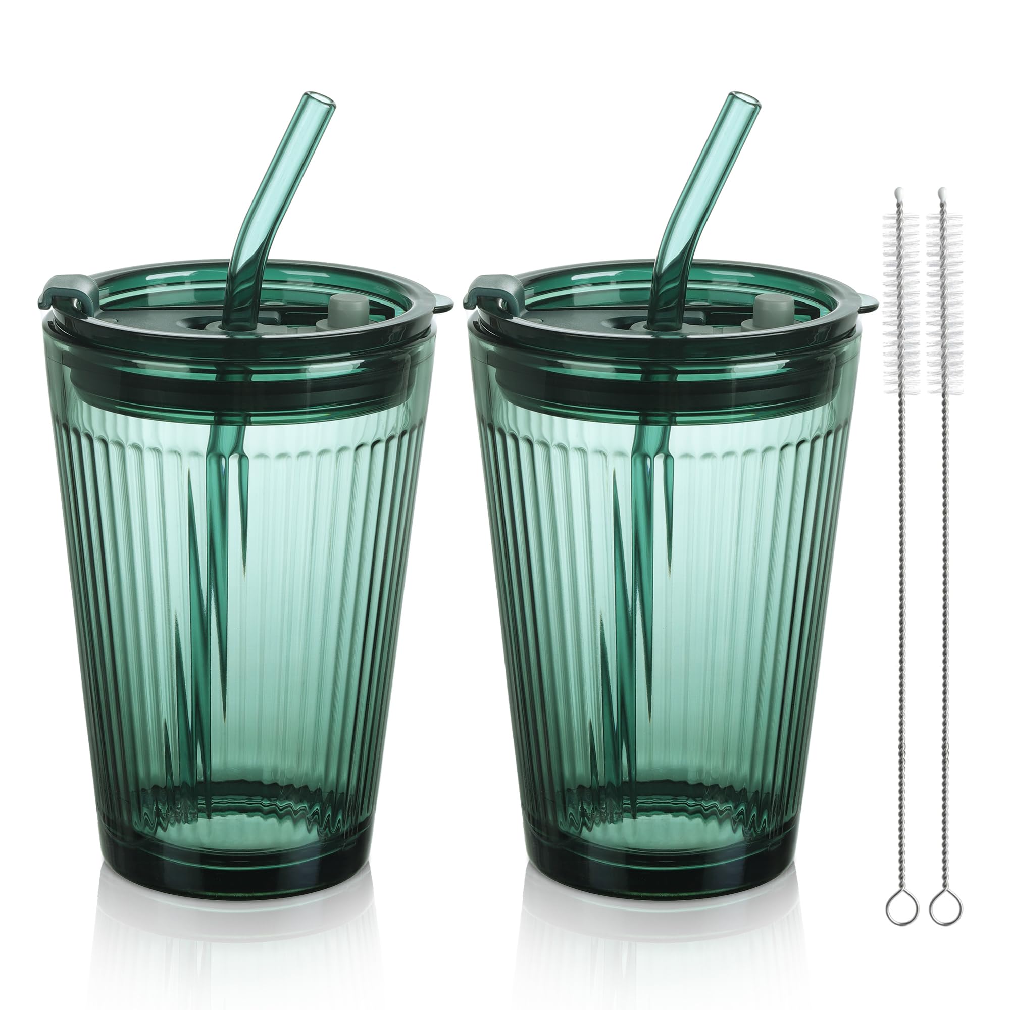 Joeyan 450ml Green Glass Cup with Straw and Lid - Set of 2 Smoothie Cups with Straw - Colored Ripple Drinking Cup for Coffee, Juice, Cocktail, Mixed Drinks