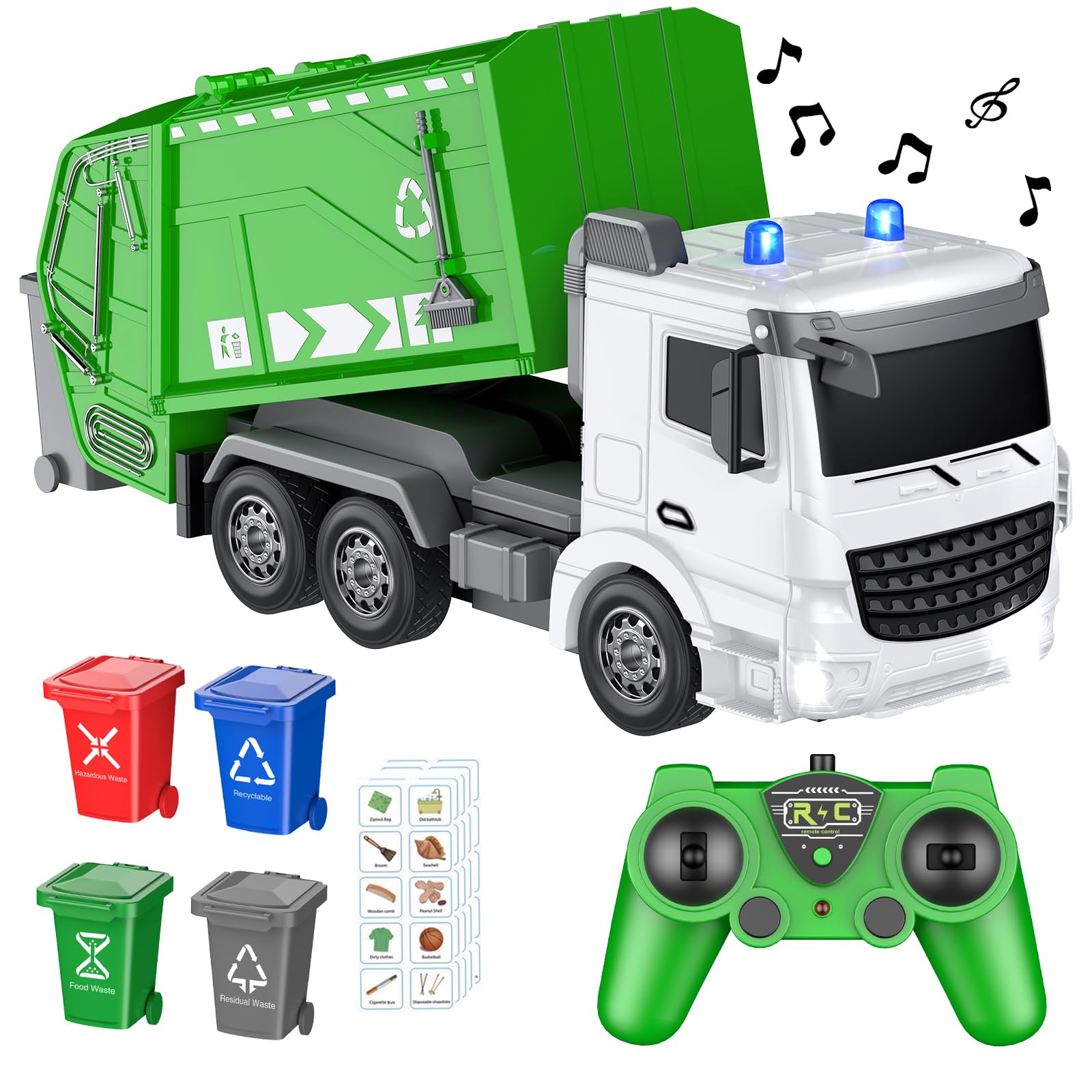 CALEST 2.4Ghz RC Garbage Truck with 4 Trash Cans, 6