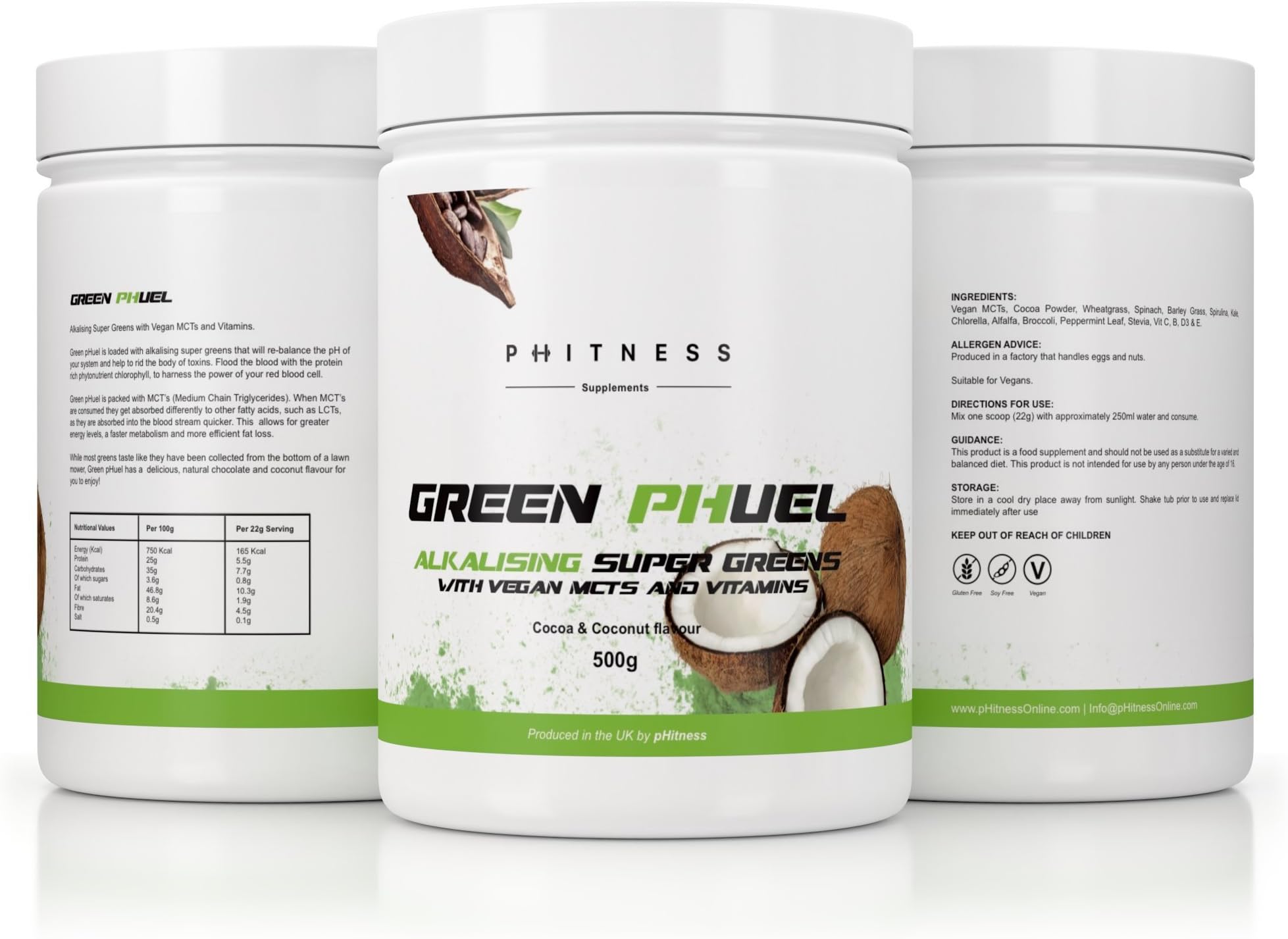 Great Tasting Vegan Supergreens Powder with MCT's | 500g | Highest Quality Ingredients - UK Produced | Chocolate Coconut Alkaline Super Greens with Vitamin B, C, D3 and E (50% NDR) | Gluten Free, Vegan, Soy Free, Paleo, Keto | pHitness Supplements - Green pHuel