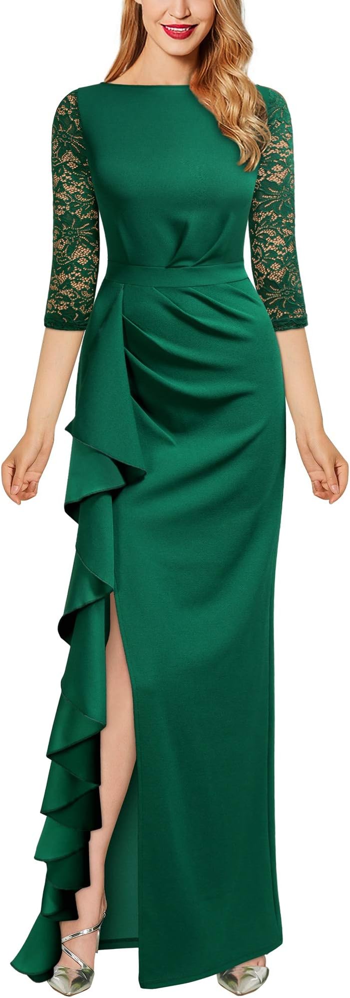 Women's Boat Neck Lace Sleeve Ruffle Slit Long Formal Evening Dress