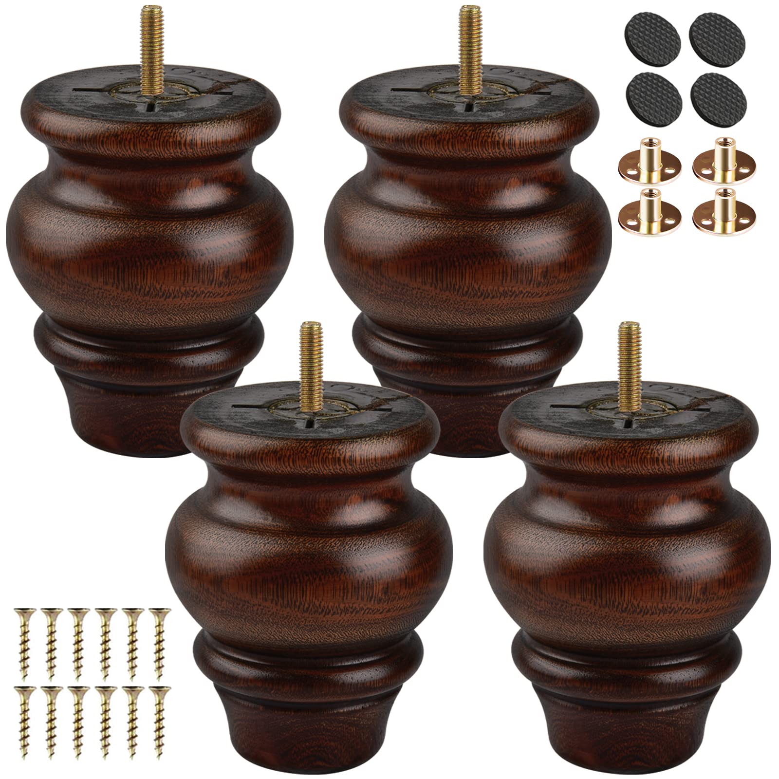 TCHOSUZ 4 inch / 9cm Wooden Furniture Legs, Pack of 4 Classic Glaze Solid Wood Turned DIY Replacement Bun Feet with M8 Hanger Bolts & T-Nuts for Sofa Couch Cabinet Buffet Table Ottoman Riser
