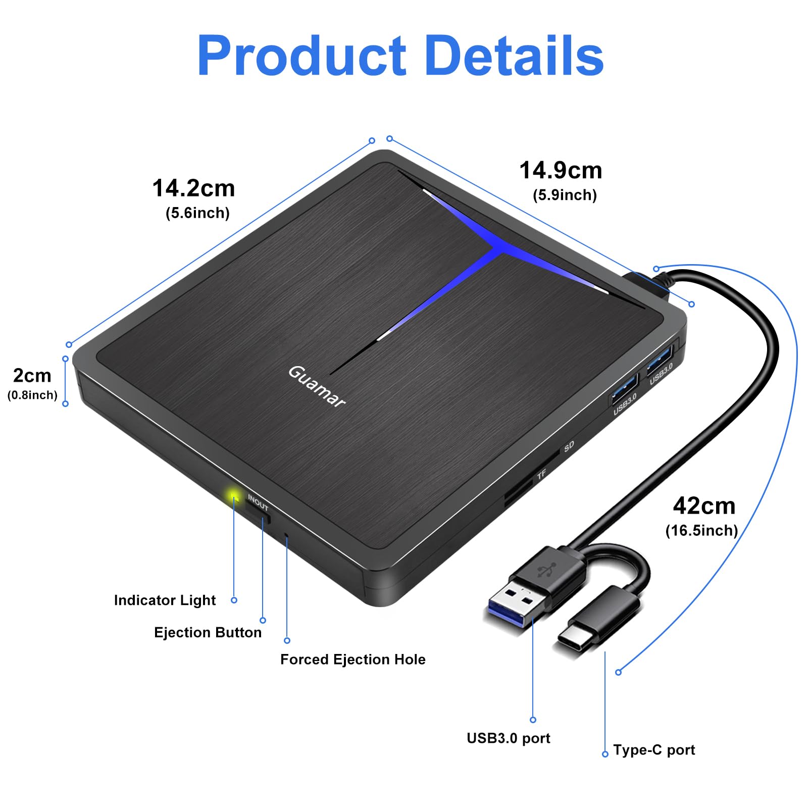 Guamar External CD/DVD Drive for Laptop, USB 3.0 USB-C DVD Player CD Burner with 2 USB Ports SD TF Slot, Portable CD DVD ROM Drive Disk Reader Writer for PC Mac MacBook Windows 11 Linux