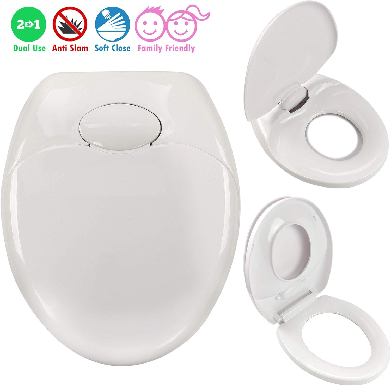 ECOSPA White Oval 2 in 1 Toilet Seat for Adults & Small Children, Dual