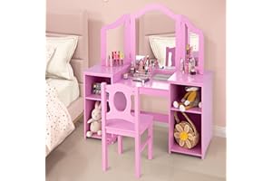 AKUSTIK Kids Vanity, 2 in 1 Pink Wooden Dressing Table and Chair Set for Toddlers with Tri-Folding Detachable Mirror, Storage Shelves, Pretend Princess Beauty Make Up Play Set for Little Girls