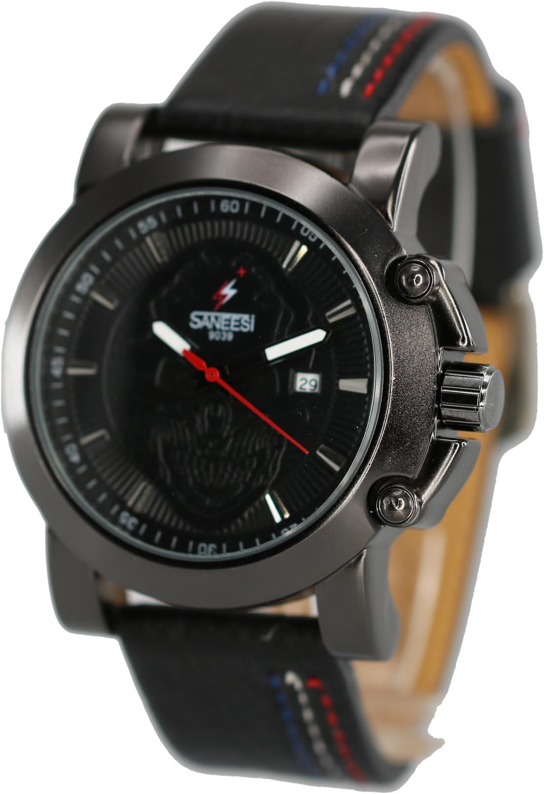 Men's Skull Black Steel Case Leather Band Watch