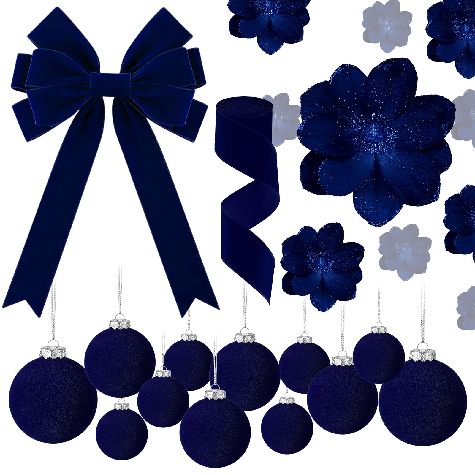 Photo 1 of 26 PCS Christmas Velvet Ornaments Decor Kit - Tree Toppers Bow, Ribbon, 12 Flocked Christmas Balls & 12 Artificial Magnolia Flowers for Navy Blue Holiday Xmas Tree Decorations (Navy Blue)