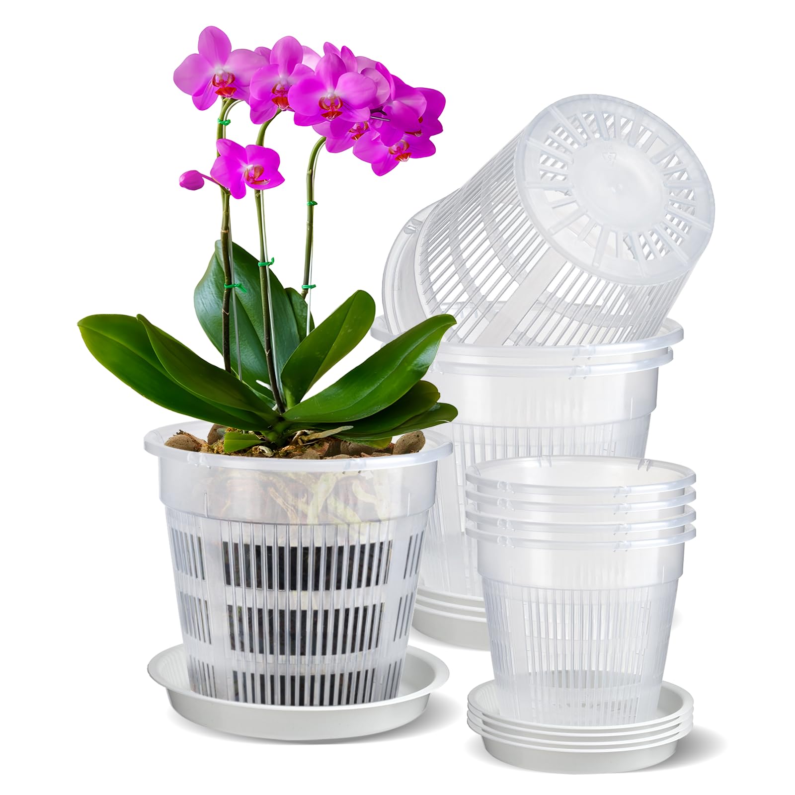 IWTTWY Clear Orchid Pot, 8 PCS Plastic Plant Pots with Drainage Hole and Tray, House Plant Pots Nursery Pots for Orchid Repotting Kit, Seed Seedling Pots for Root Growing (14cm/16cm)