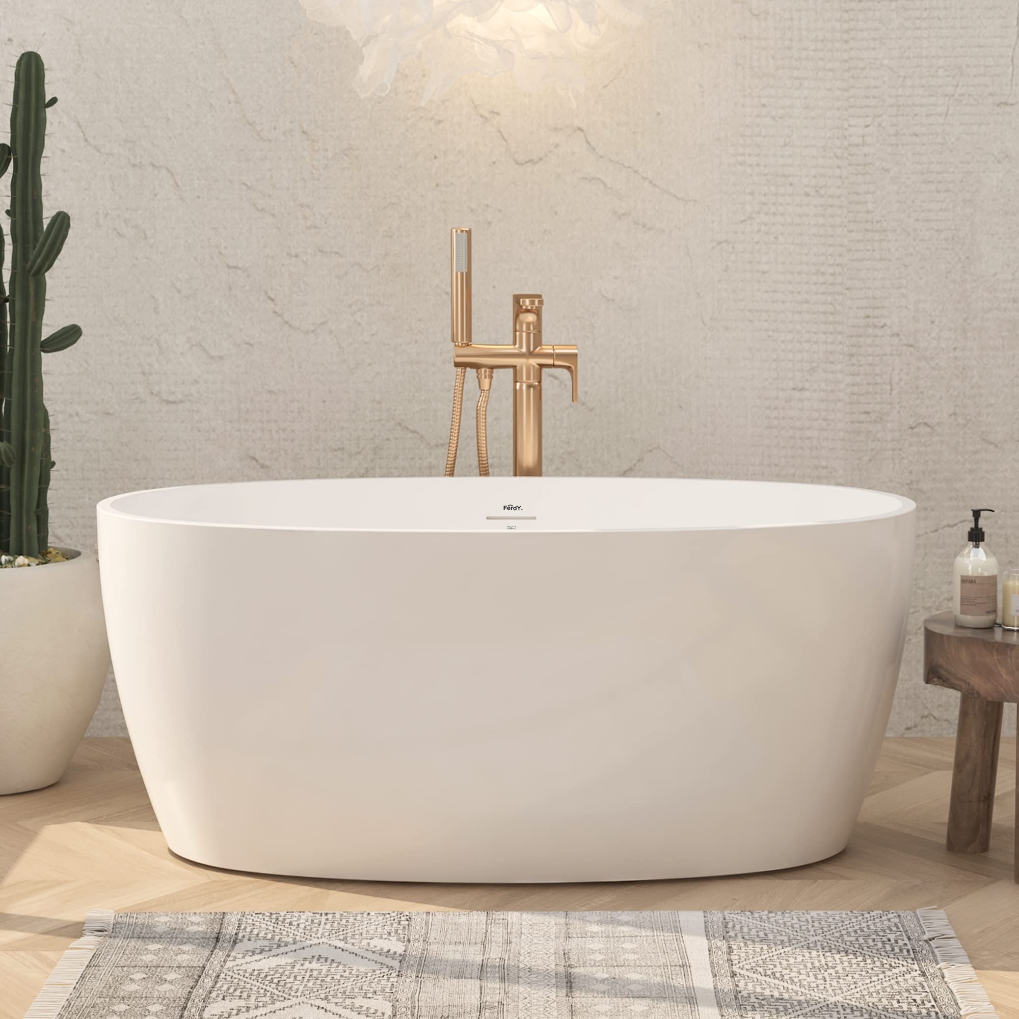 Photo 1 of FerdY Tahiti 55" Acrylic Freestanding Bathtub, Elegant Oval Shape Soaking Bathtub, Glossy White, Brushed Nickel Drain & Integrated Slotted Overflow Assembly Included cUPC Certified