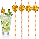 NIEITRK 20 Pcs Sliced Orange Striped Paper Straws,Disposable Fruit Straws for Drinks,Striped Cocktail Straw for Milkshake Colorful Paper Straw for Lemonade Stand Supplies Beach Party Decor-Orange
