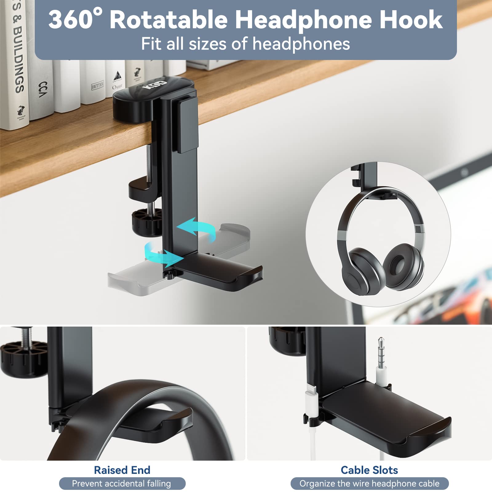 KDD Rotatable Headphone Hanger - Under Desk Clamp Controller Stand Replaceable Cup Holder - Compatible with Universal Headset, Controller, Cup(Black)