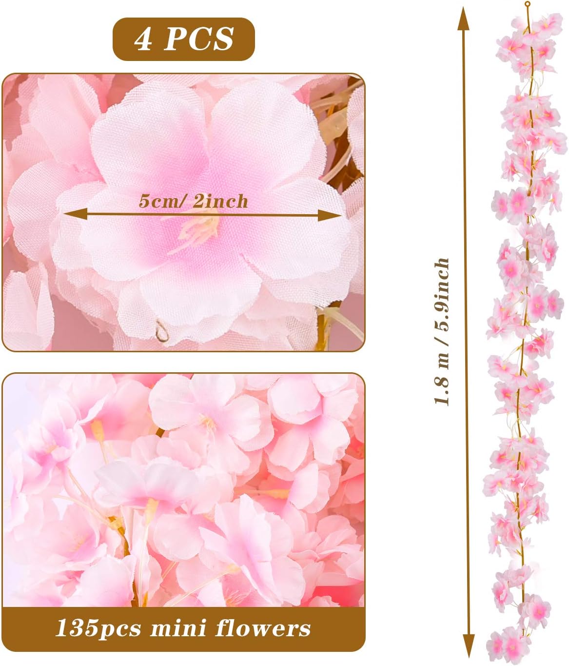 KONUNUS 4 Pack Artificial Cherry Blossom, 5.9ft Artificial Silk Cherry Blossom Hanging Vine Garland for Home Wedding Indoor Outdoor Garden Wall Decor Party Decoration(Pink, 5.9ft) - Image 3