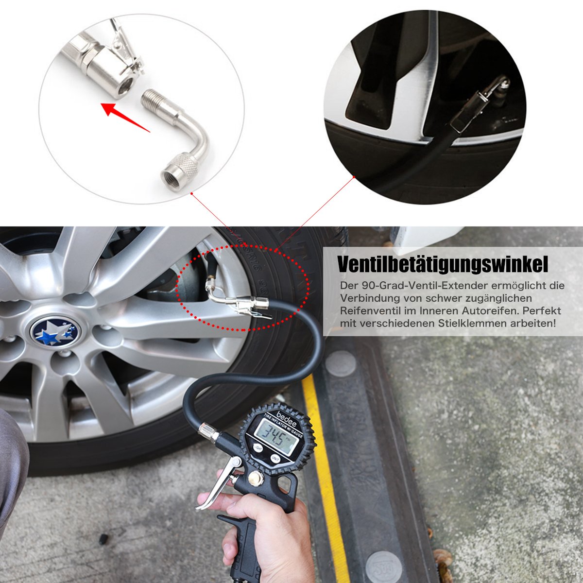 bedee Auto Reifenfüller Gerät Geeicht Manometer Präziser Hochleistungs Reifenfüll Messgerät KFZ Reifendruckprüfer mit 90° Ventil Adapter, Schraubendreher für Auto Motorrad LKW PKW, Einfach zu Bedienen