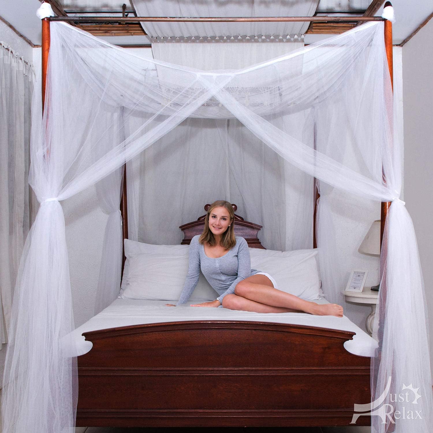 Just Relax Four Corner Post Elegant Mosquito Net Bed Canopy Set, White, Full/Queen/King, 86.6x78.7x98.4 Inches: Home & Kitchen