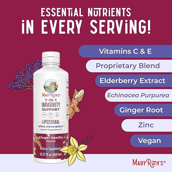 MARYRUTH ORGANICS 7 IN 1 IMMUNITY LIPOSOMAL | ELDERBERRY LIQUID WITH VITAMIN C | LIQUID VITAMINS | IMMUNE SUPPORT SUPPLEMENT | ELDERBERRY WITH ZINC AND VITAMIN C | VEGAN| GLUTEN FREE | 30 SERVINGS