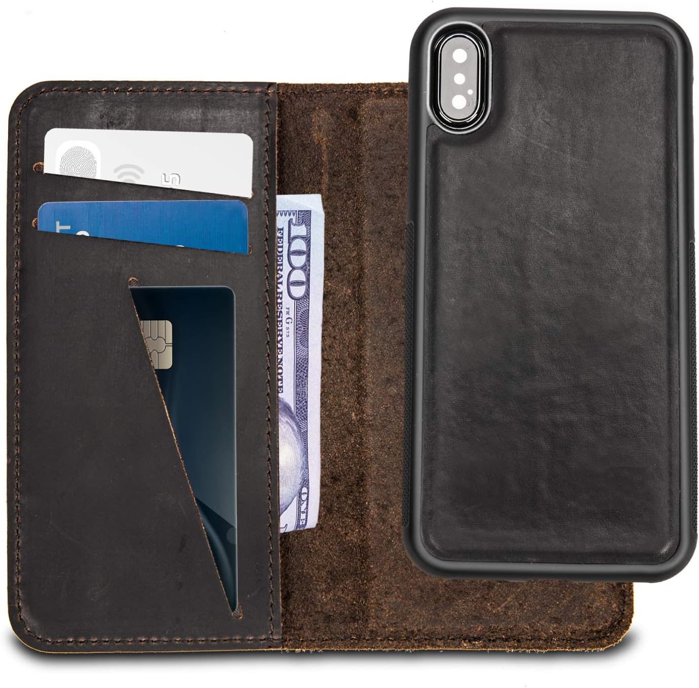 WardWolf iPhone X Genuine Leather Wallet Case Cover Magnetic Adsorption Women Mens iPhone X Holder Detachable Cool Luxury Best iPhone X Case Brown