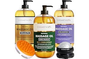 Cosmetasa Body Massage Oil Therapy Kit – Arnica & Lavender Oil for Relaxation and Sore Muscles – Includes Anti-Cellulite Oil, Roller Ball & Mitt for Firming Skin – Spa Gift Set for Women & Men