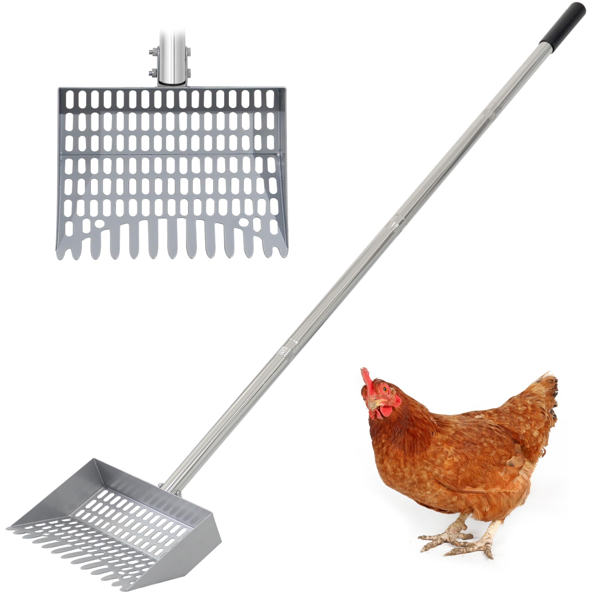 Photo 1 of CKLT Chicken Poop Scooper Sturdy Spring Steel Chicken Poop Shovel Heavy Duty 38 to 66" Adjustable Sifting Shovel for Chicken Coop with Long Stainless Steel and Rubber Handle