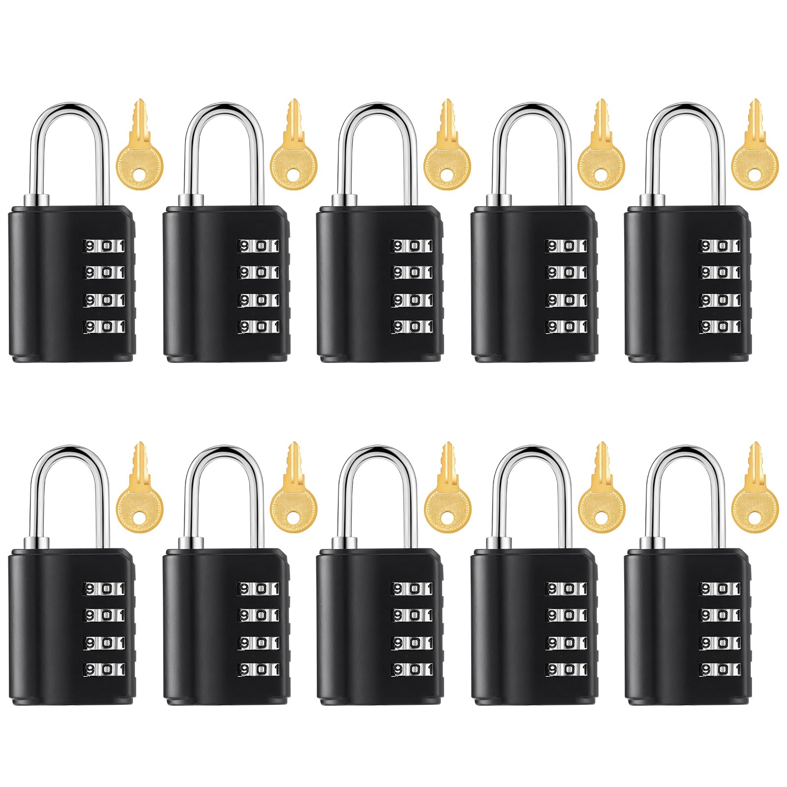 Photo 1 of ****MISSING 6 PCS**** Kenning 10 Pcs Combination Padlock 4 Digit Combination Lock with Keys Locker Resetable Security Outdoor Waterproof Gate Lock for School Sports Gym Locker Employee Fence Case (Black)