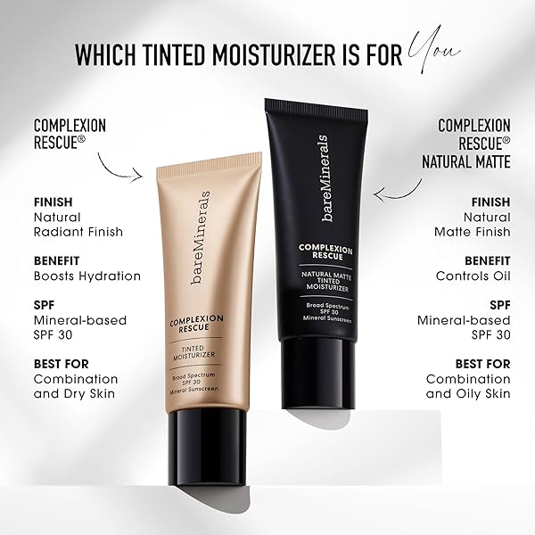 BAREMINERALS COMPLEXION RESCUE TINTED MOISTURIZER FOR FACE WITH SPF 30 + HYALURONIC ACID, HYDRATING TINTED MINERAL SUNSCREEN FOR FACE, SKIN TINT, VEGAN