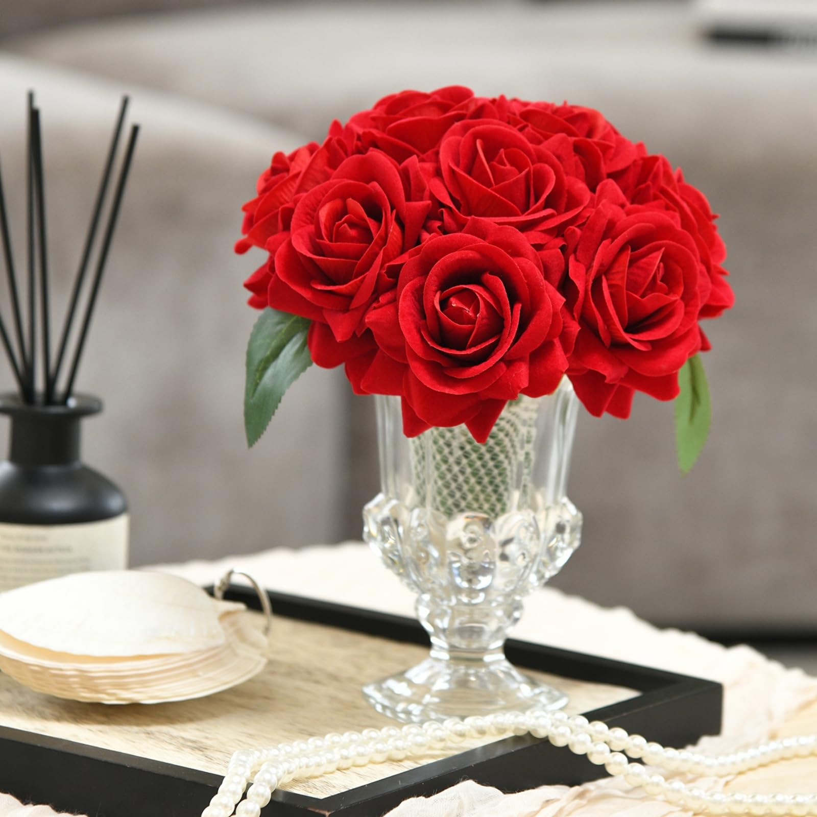 Photo 1 of WishTip Velvet Roses in Crystal Glass Vase, Artificial Flowers with Vase, Silk Flower Arrangements for Home, Wedding, and Office Décor Table Arrangement Centerpiece, Red