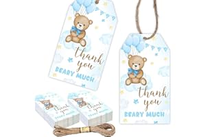 50 Pcs Blue Thank You Beary Much Tags for Baby Shower Birthday Party Bridal Shower Party Favors Wine with Jute String