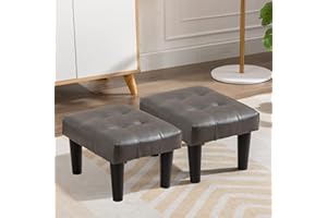 Durfii Small Footstool Ottoman, Faux Leather Wooden Foot Stool Ottoman, Perfect for Living Room, Bedroom, Entryway or Office Seating (Leather Grey,2PCS)