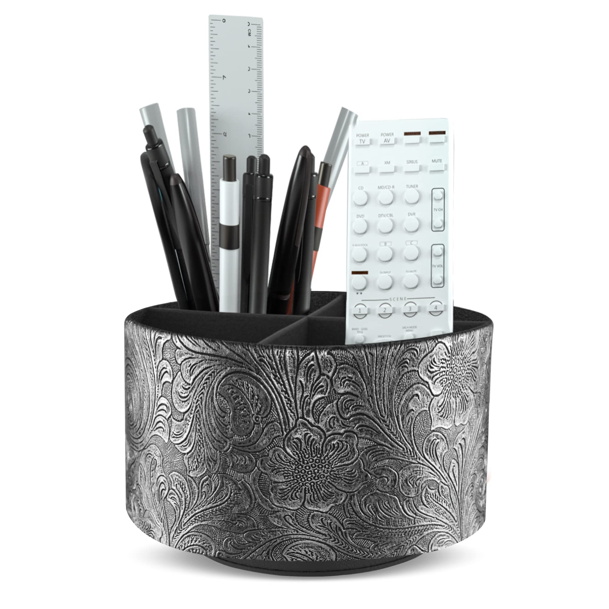 Czzmy Round Leather Art Supply Organizer,Remote Control Holder,360 Degree Spinning,Multi-Functional Pencil Holder,4 Compartments Desktop Stationary Organizer(1-Carving Grey) — image 1