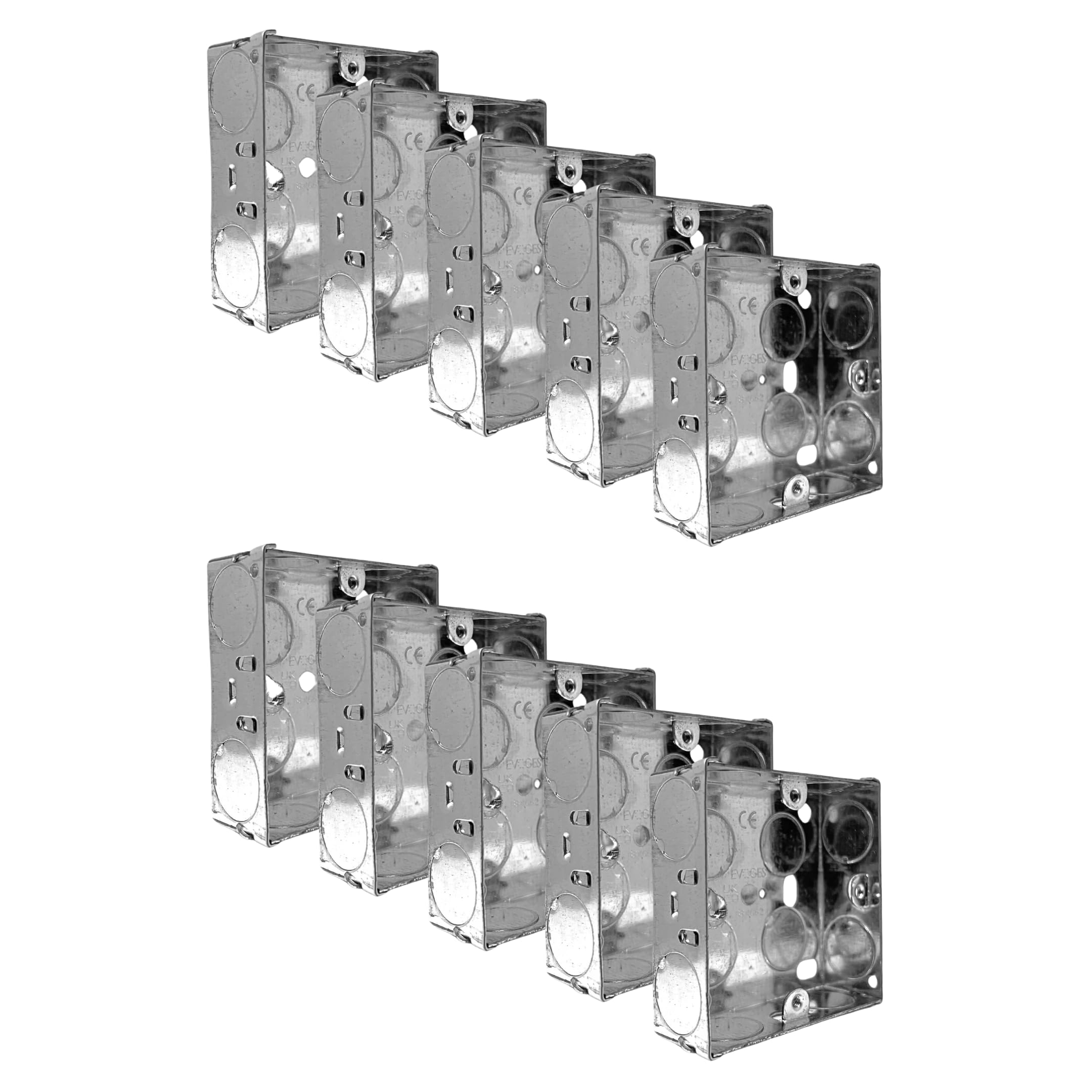 Evoges Single Metal Back Box, 25mm, 1 Gang, 1.0mm Thickness for Electrical Sockets Switches, BS4662 Standard, 20mm Knockouts, Adjustable Lug, Brass Terminal (10)