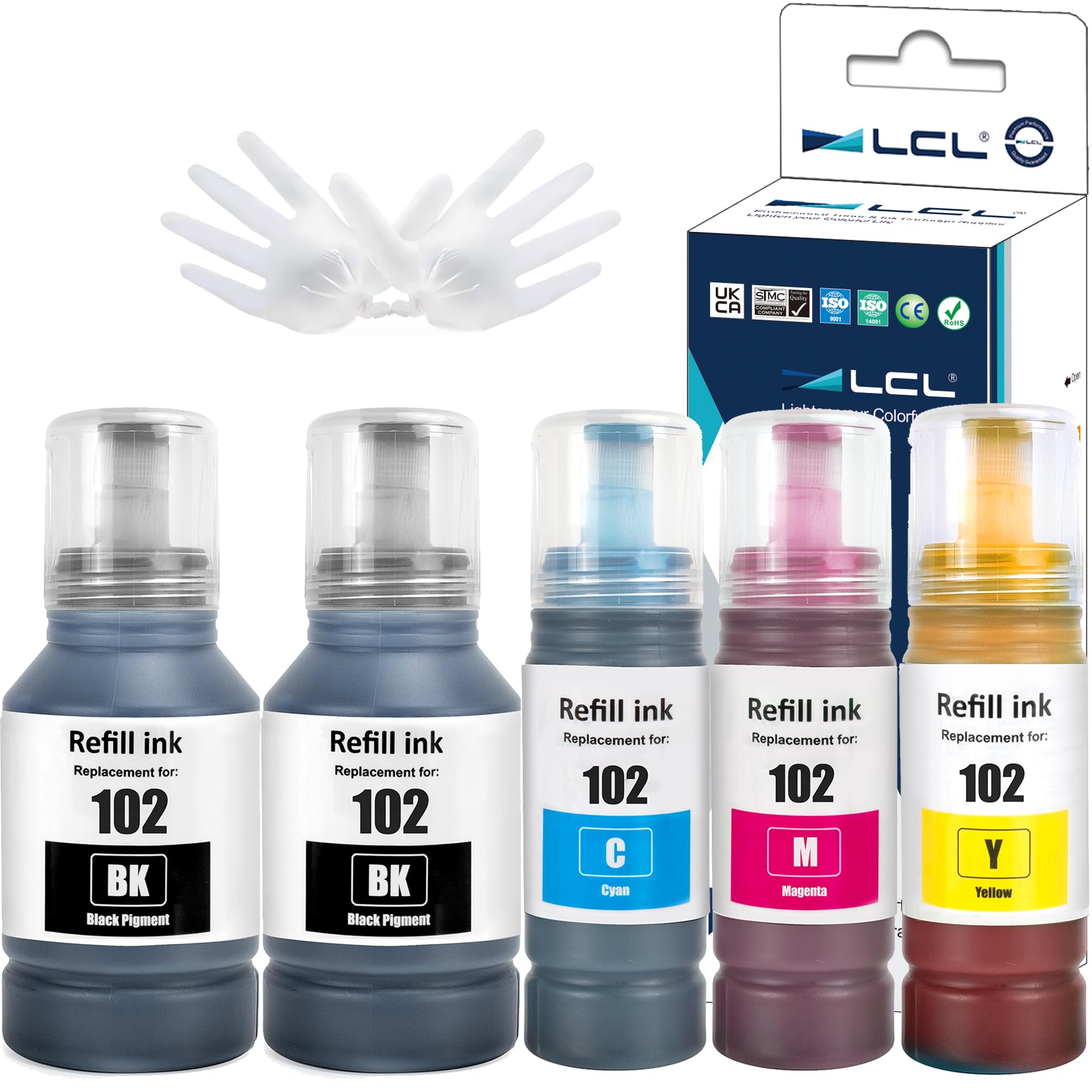 LCL 102 Ink Bottle Replacement for Epson 102 Ink Cartridges Bottle Multipack Compatible with Epson EcoTank ET-2750 ET-2751 ET-2756 ET-2850 ET-2851 ET-2856 ET-3700 ET-3850 ET-4750 ET-4850 (5 Pack)