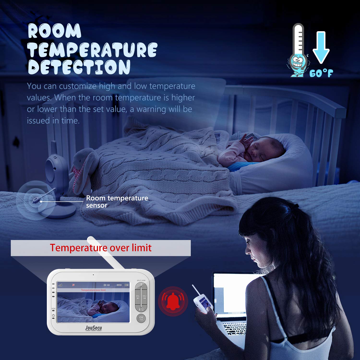 Video Baby Monitor JouSecu Infant Monitor with 2 Camera 4.3 Inches LCD Split Screen 1440mAh Rechargeable Battery Temperature Detection Baby Crying Detection Night Vision 2-Way Audio : Baby