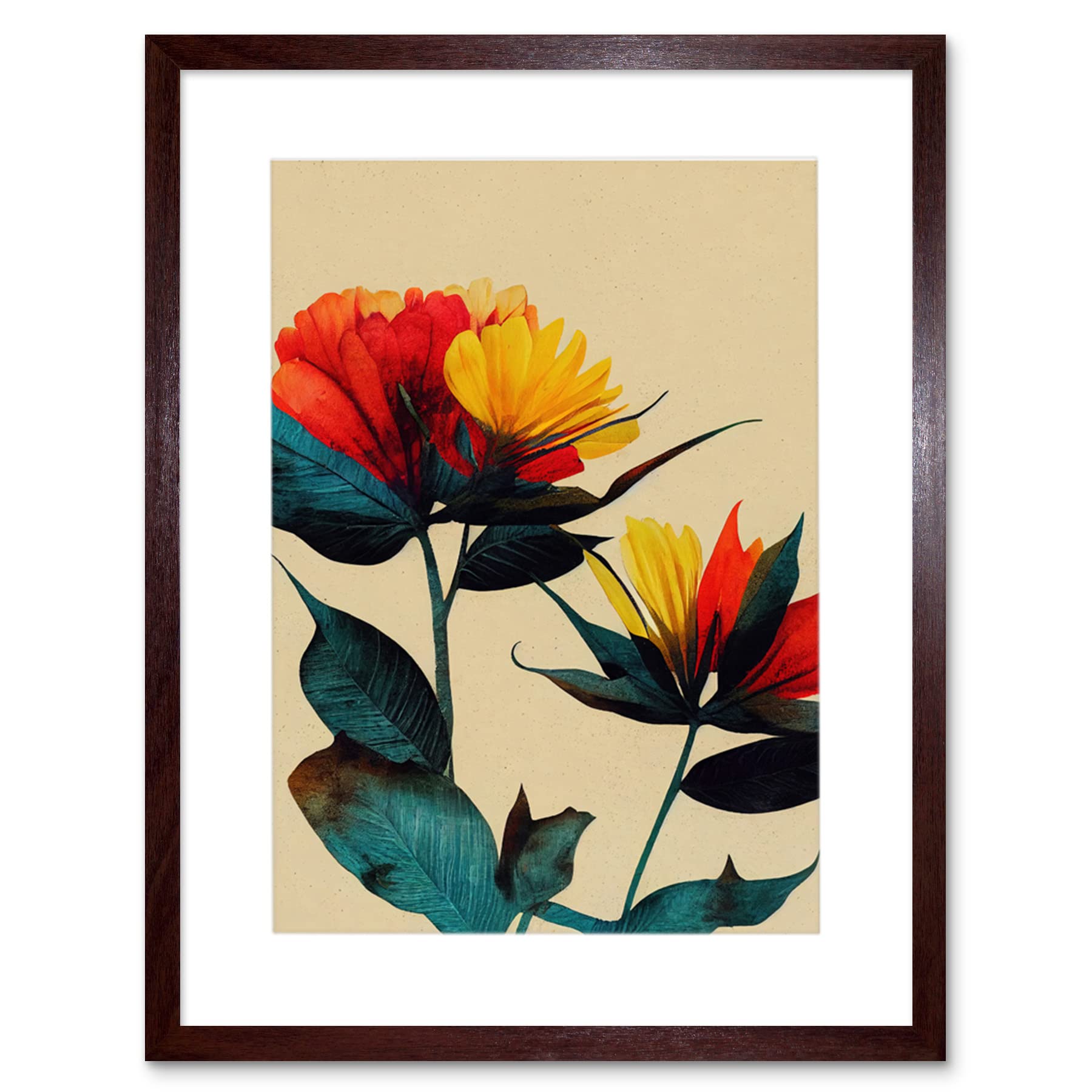 Wee Blue Coo Botanical Bold Flowering Yellow Red Teal Artwork Framed Wall Art Print 12X16 Inch