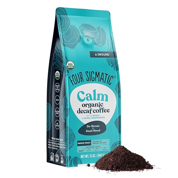 FOUR SIGMATIC CALM ORGANIC DECAF GROUND COFFEE | SWISS WATER DECAF COFFEE WITH CHAGA & REISHI MUSHROOM EXTRACTS | 12OZ BAG