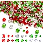Yxtwaeh 1200 Pcs Christmas Glass Beads for Jewelry Making Crackle Faceted Crystal Beads for DIY Necklace Bracelets Earrings, Red Green Transparent, 4/6/8 mm