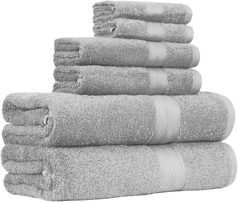 Set Asciugamani Bagno Spugna 100% Cotone 2 Teli + 2 Viso + 2 Ospite, Grigio, Confezione 6 Pezzi — foto 7 di 8