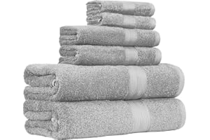 Amazon Basics 6 Piece Oversized Fade resistant Towel set, 100% Cotton towels for bathroom, soft and absorbent, 2 Bath Towels, 2 Hand Towels and 2 Washcloths bathroom towel set, Gray