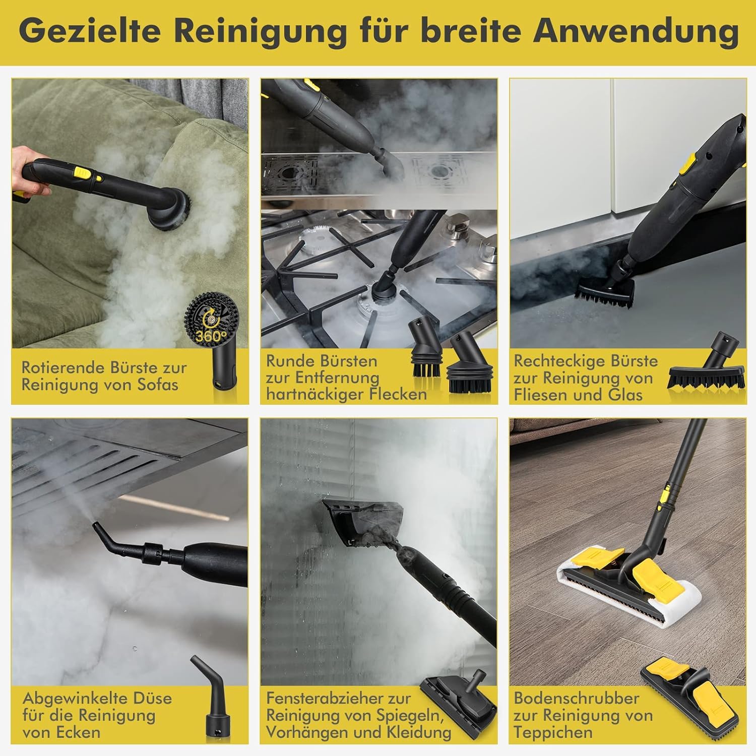 RELAX4LIFE Dampfreiniger 2000W, Dampfdruck: 5 bar, Tank: 1,8 L, Temperatur bis zu 160℃, Aufheizzeit: 8 min., Flächenleistung: 108 m², Steam Cleaner inkl. 13 Zubehör für Boden, Teppich, Fenster (Gelb) 2