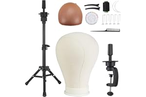 AIMEI 23 Inch Wig Head Wig Stand with Head - Stand With Canvas Mannequin for Making and Display - Includes Caps, T Pins, Hair Comb, and Clips