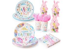 70 Pcs Easter Tableware Set Party Supplies for 10 Guests Disposable Paper Plates, Cups, Napkins Forks Set Decorations for Eas